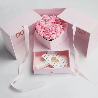 Caja de flores de regalo de tubo redondo de sombrero de cartón rígido rosa rosa de lujo personalizado