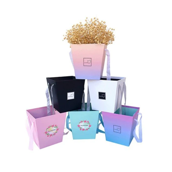 Caja de papel de cartón rígido con embalaje de rosas cuadradas de impresión personalizada compatible con FSC para llevar a la tienda de flores con asa de cinta
