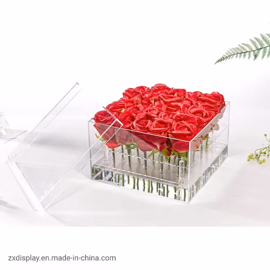 Caja de flores de jarrón de acrílico transparente cuadrado de 25 agujeros para regalo de cumpleaños